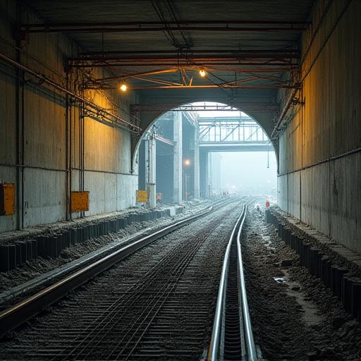 En T-banestasjon under konstruksjon med synlig armering.