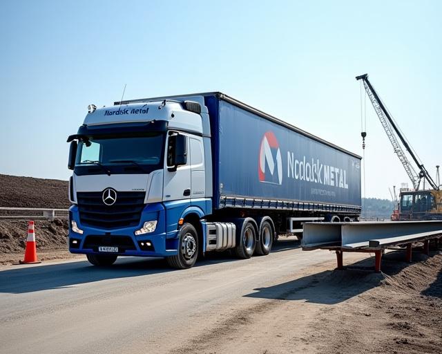 En lastebil fra Nordisk Metall som losser stålbjelker.